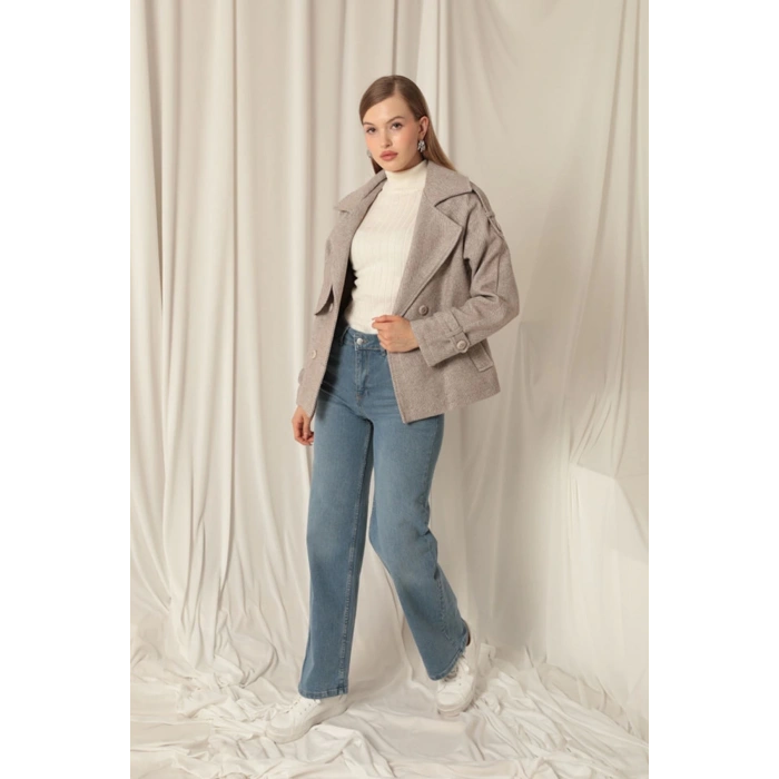 Kaşe Kumaş Balıksırtı Desen Kısa Kadın Vizon Kaban