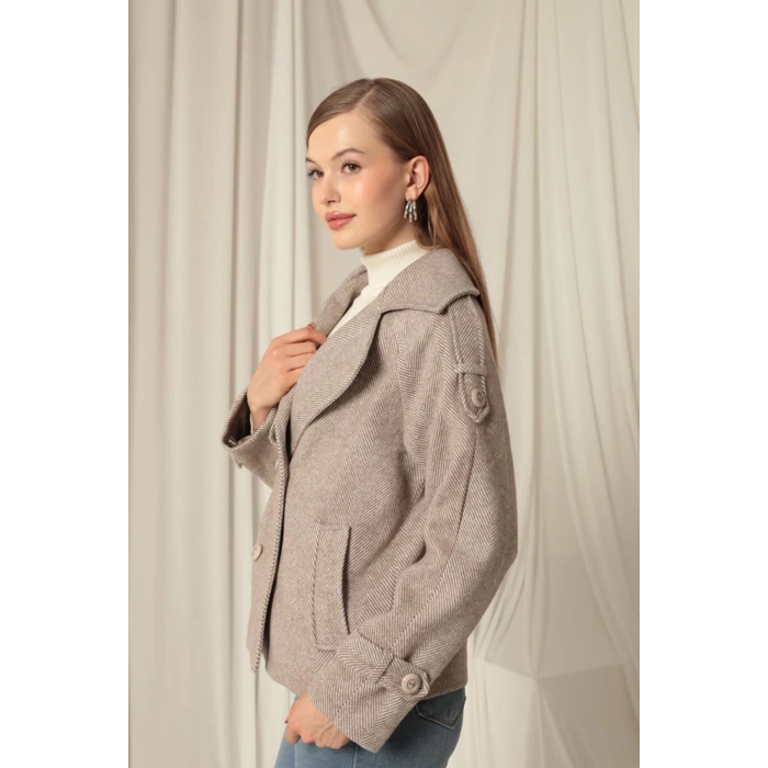 Kaşe Kumaş Balıksırtı Desen Kısa Kadın Vizon Kaban