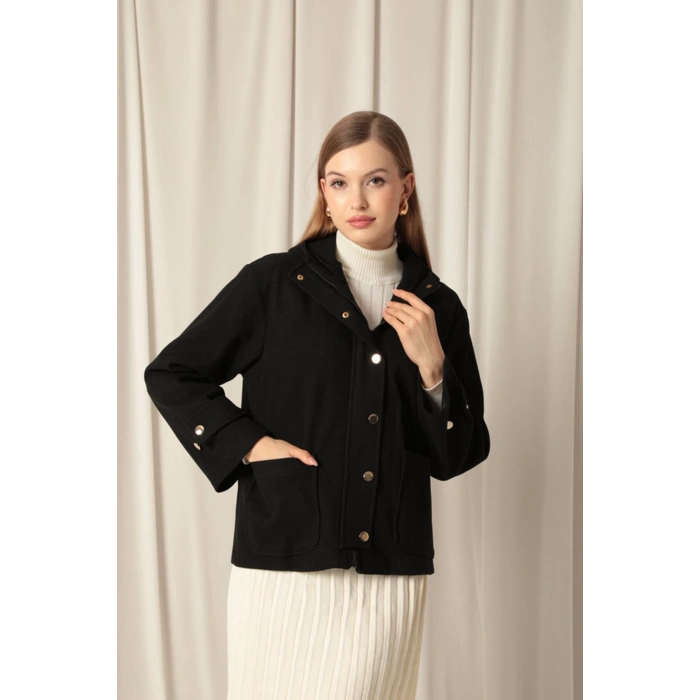 Kaşe Kumaş Kapüşonlu Kısa Kadın Siyah Kaban