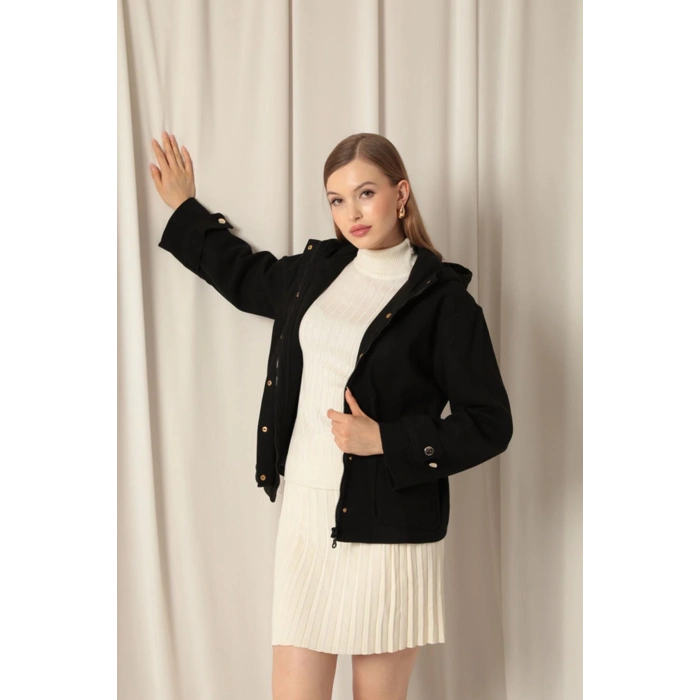 Kaşe Kumaş Kapüşonlu Kısa Kadın Siyah Kaban