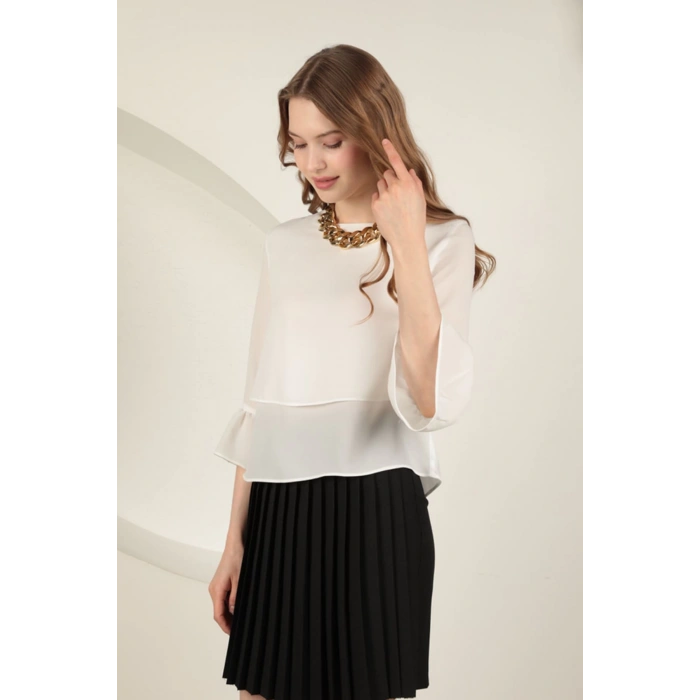 Krep Kumaş Kolları Volanlı Kadın Bluz-Ekru