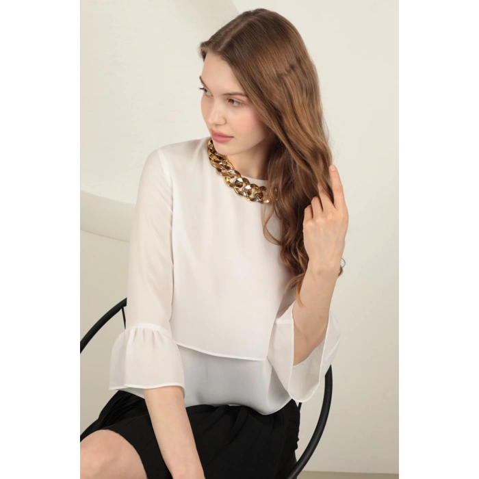 Krep Kumaş Kolları Volanlı Kadın Bluz-Ekru