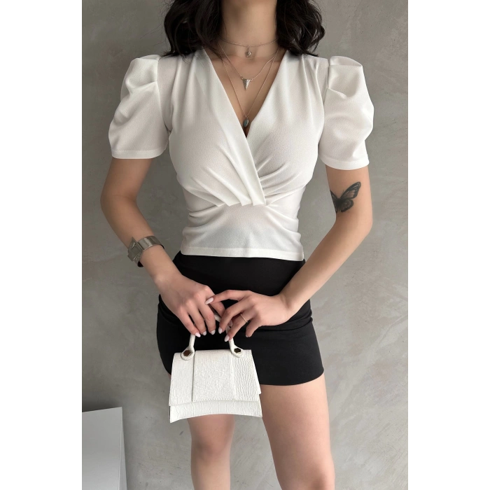 Kruvaze Yaka Karpuz Kol Crep Bluz