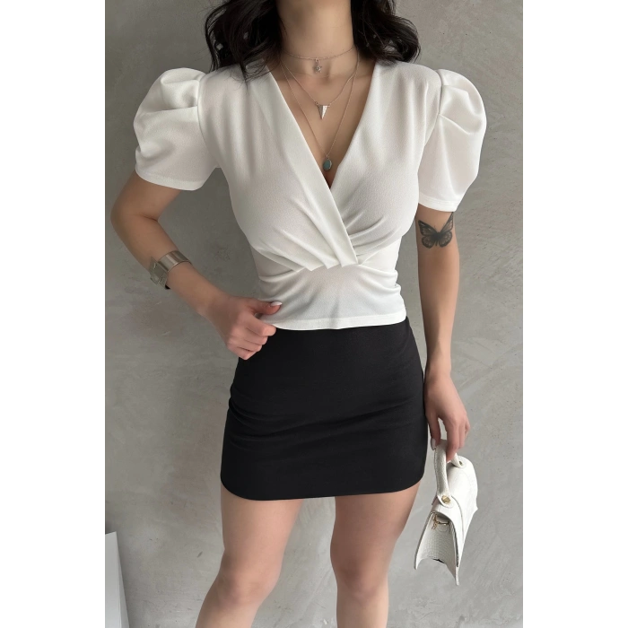 Kruvaze Yaka Karpuz Kol Crep Bluz