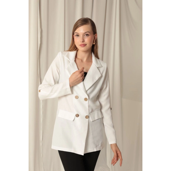 Melanj Keten Kumaş Kadın Ekru Ceket