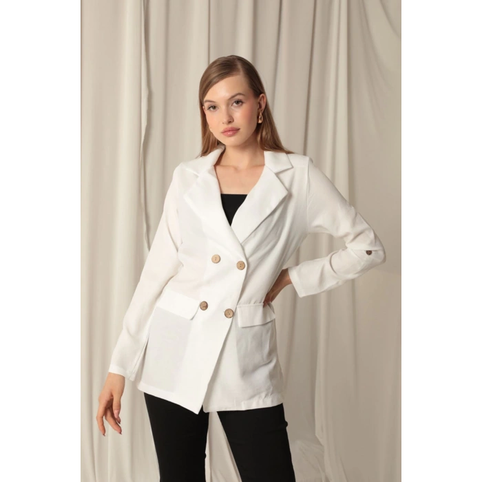 Melanj Keten Kumaş Kadın Ekru Ceket