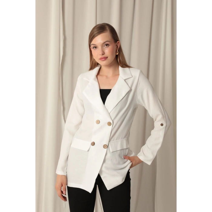 Melanj Keten Kumaş Kadın Ekru Ceket