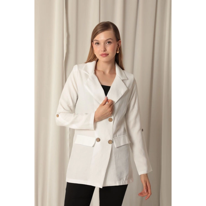 Melanj Keten Kumaş Kadın Ekru Ceket