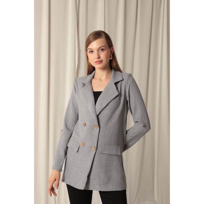 Melanj Keten Kumaş Kadın Gri Ceket