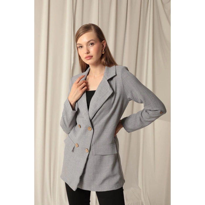 Melanj Keten Kumaş Kadın Gri Ceket