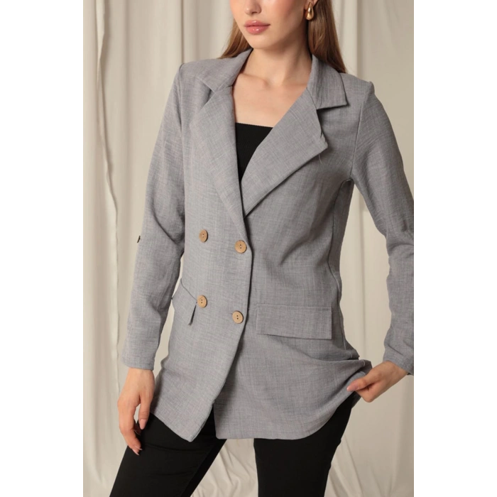 Melanj Keten Kumaş Kadın Gri Ceket