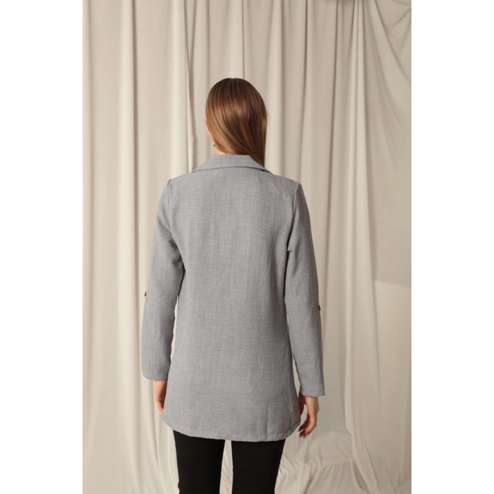 Melanj Keten Kumaş Kadın Gri Ceket