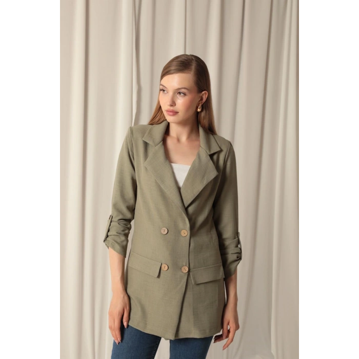 Melanj Keten Kumaş Kadın Haki Ceket