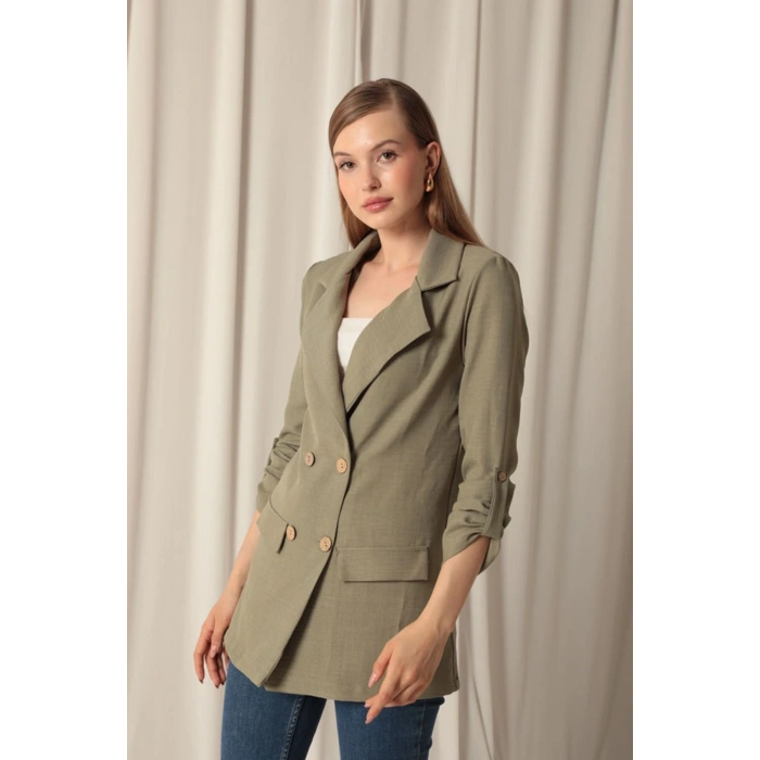 Melanj Keten Kumaş Kadın Haki Ceket