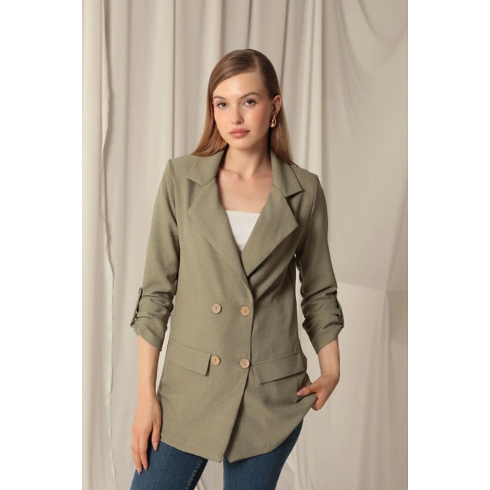 Melanj Keten Kumaş Kadın Haki Ceket