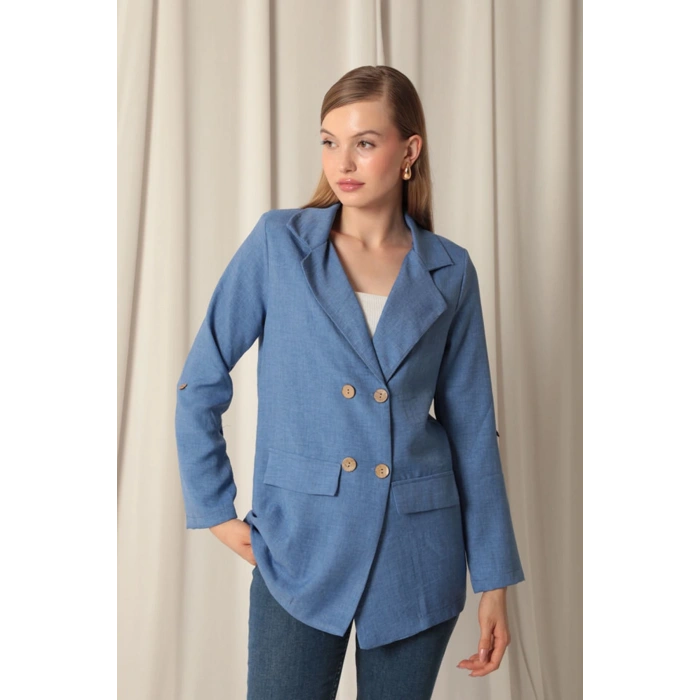 Melanj Keten Kumaş Kadın İndigo Ceket