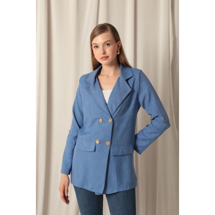 Melanj Keten Kumaş Kadın İndigo Ceket