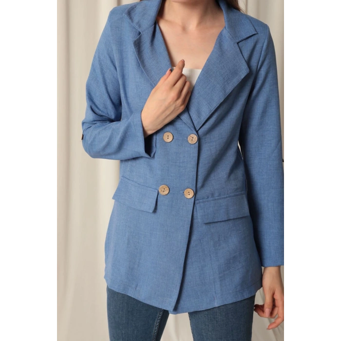 Melanj Keten Kumaş Kadın İndigo Ceket