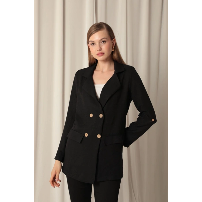Melanj Keten Kumaş Kadın Siyah Ceket