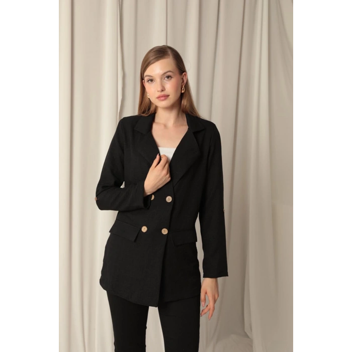 Melanj Keten Kumaş Kadın Siyah Ceket