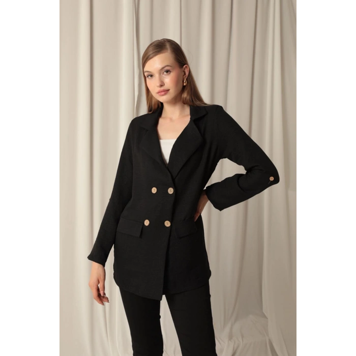 Melanj Keten Kumaş Kadın Siyah Ceket