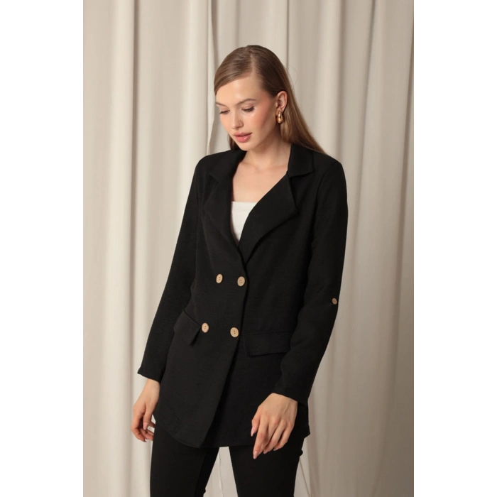 Melanj Keten Kumaş Kadın Siyah Ceket