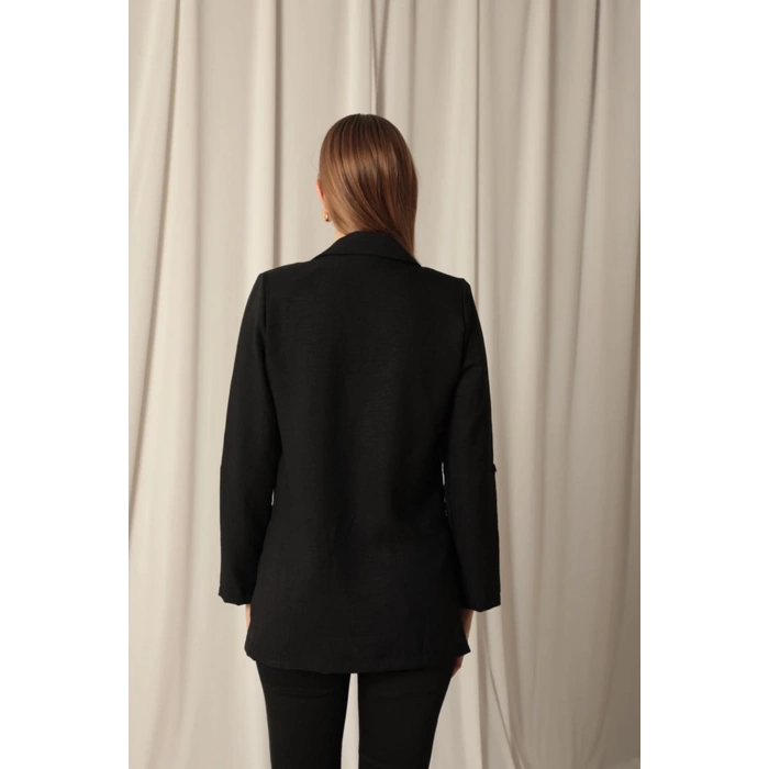 Melanj Keten Kumaş Kadın Siyah Ceket