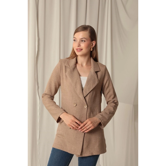 Melanj Keten Kumaş Kadın Taba Ceket