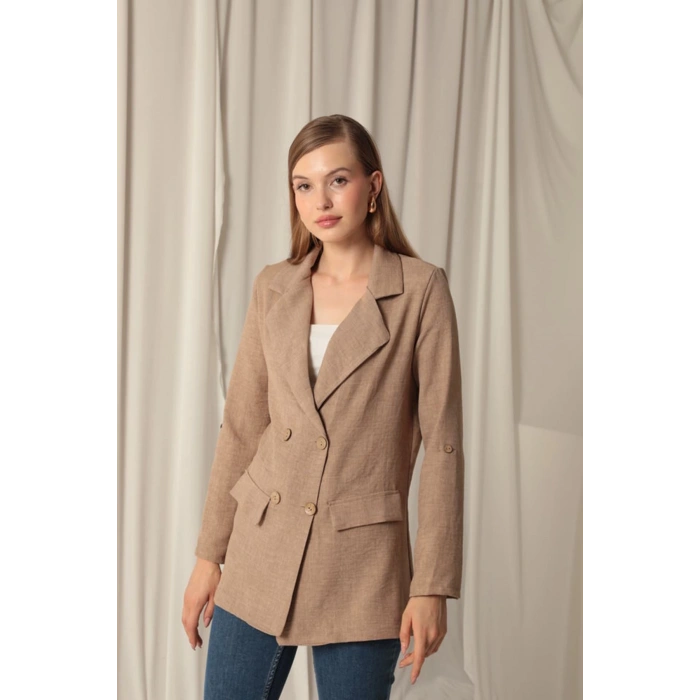 Melanj Keten Kumaş Kadın Taba Ceket