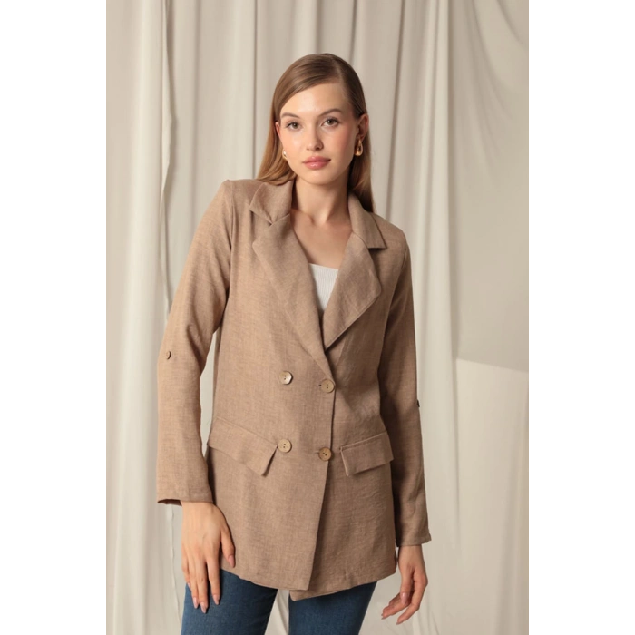 Melanj Keten Kumaş Kadın Taba Ceket