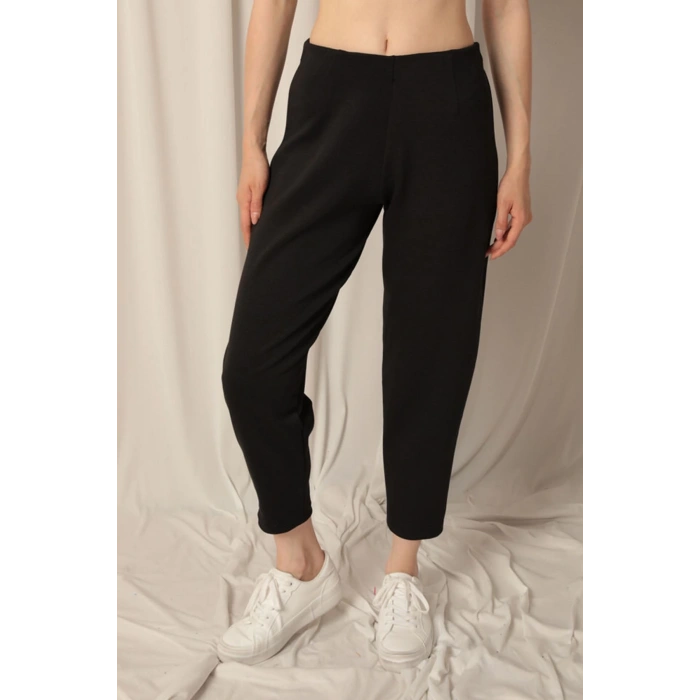 Modal Kumaş Çimalı Bol Paça Siyah Pantolon