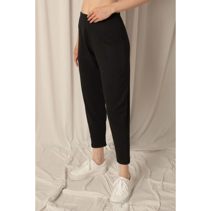 Modal Kumaş Çimalı Bol Paça Siyah Pantolon