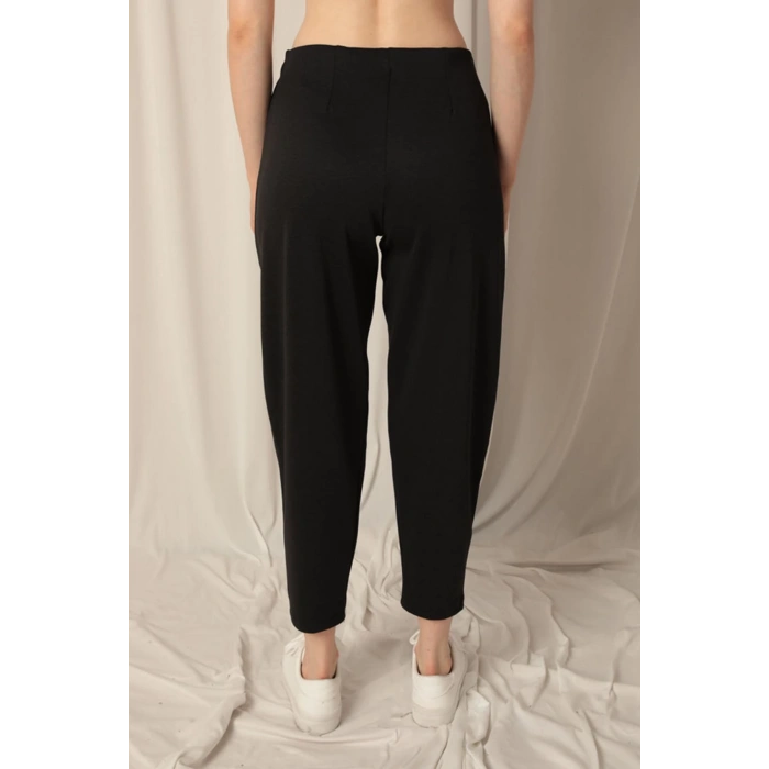 Modal Kumaş Çimalı Bol Paça Siyah Pantolon