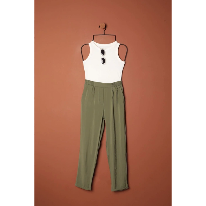 Modal Kumaş Duble Paça Kadın Pantolon-Haki