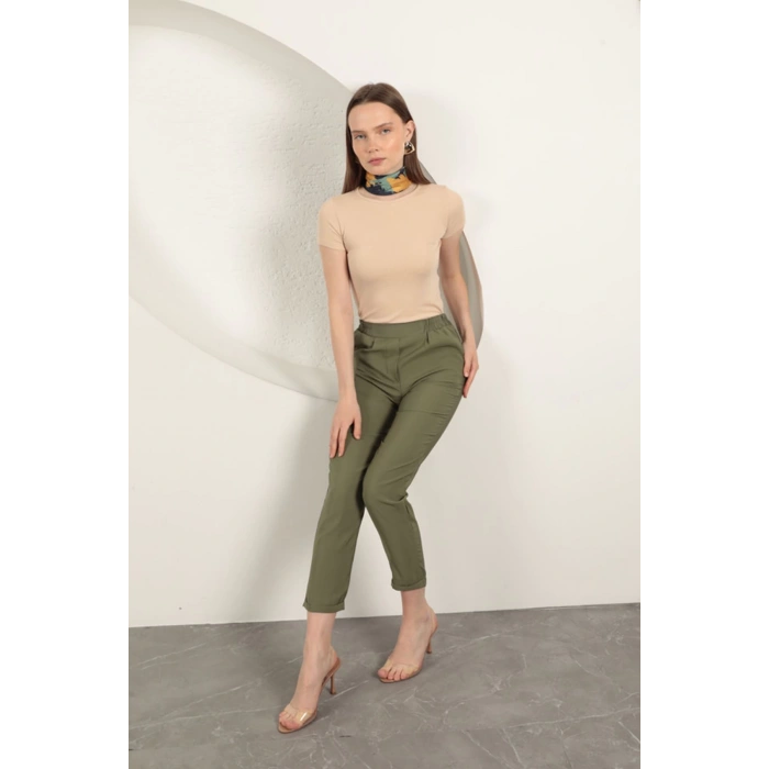 Modal Kumaş Duble Paça Kadın Pantolon-Haki