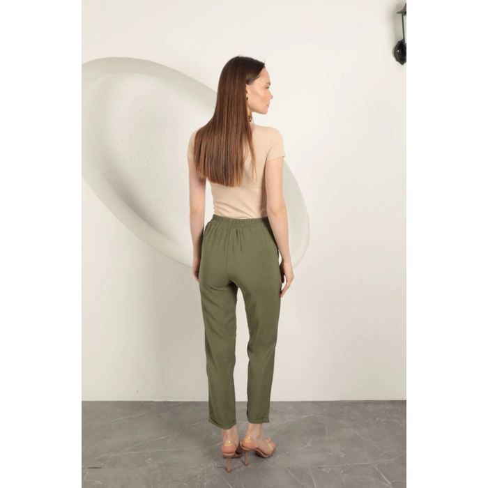Modal Kumaş Duble Paça Kadın Pantolon-Haki