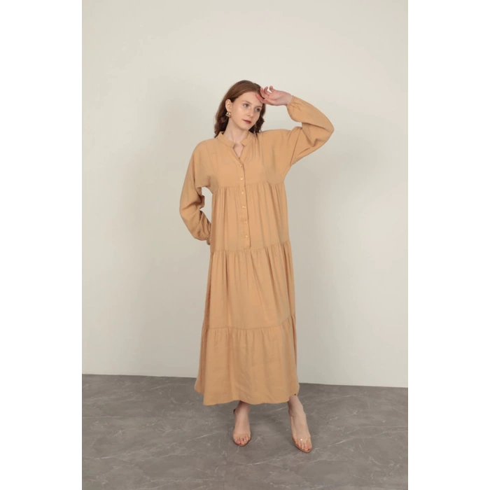 Modal Kumaş Kolu Lastikli Bej Elbise