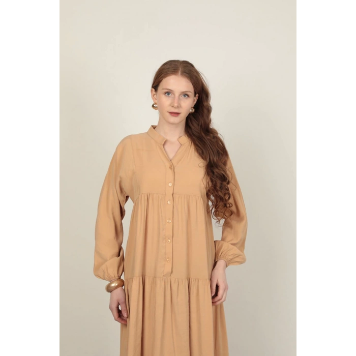 Modal Kumaş Kolu Lastikli Bej Elbise