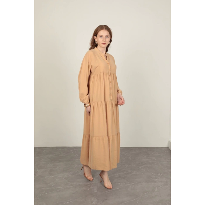 Modal Kumaş Kolu Lastikli Bej Elbise