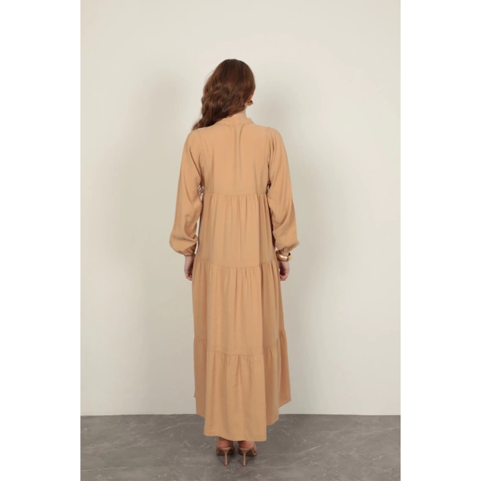 Modal Kumaş Kolu Lastikli Bej Elbise