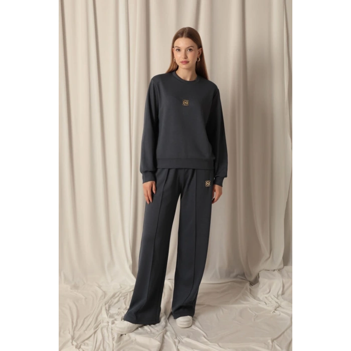 Modal Kumaş Metal Aksesuarlı Kadın Antrasit Takım