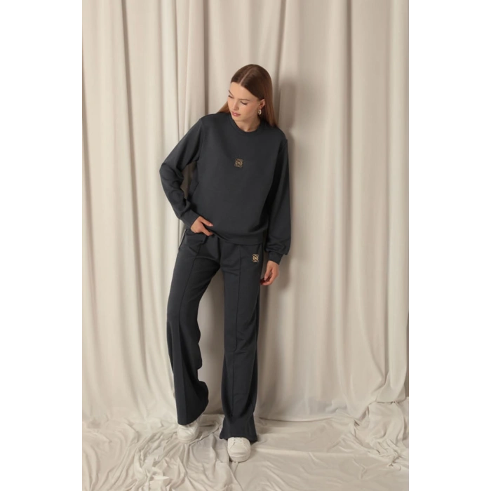 Modal Kumaş Metal Aksesuarlı Kadın Antrasit Takım