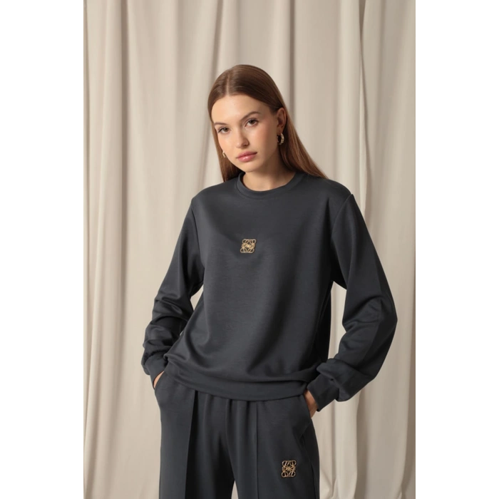 Modal Kumaş Metal Aksesuarlı Kadın Antrasit Takım