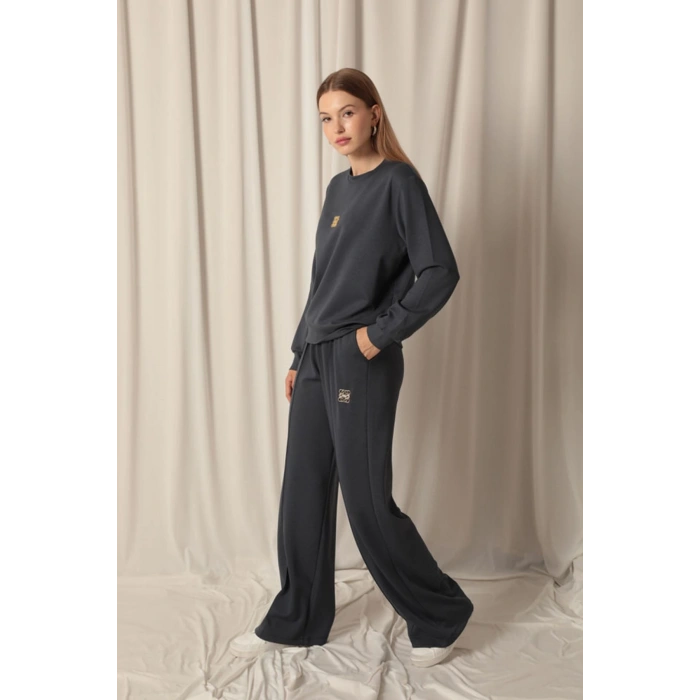 Modal Kumaş Metal Aksesuarlı Kadın Antrasit Takım