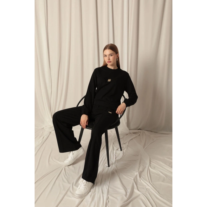 Modal Kumaş Metal Aksesuarlı Kadın Siyah Takım