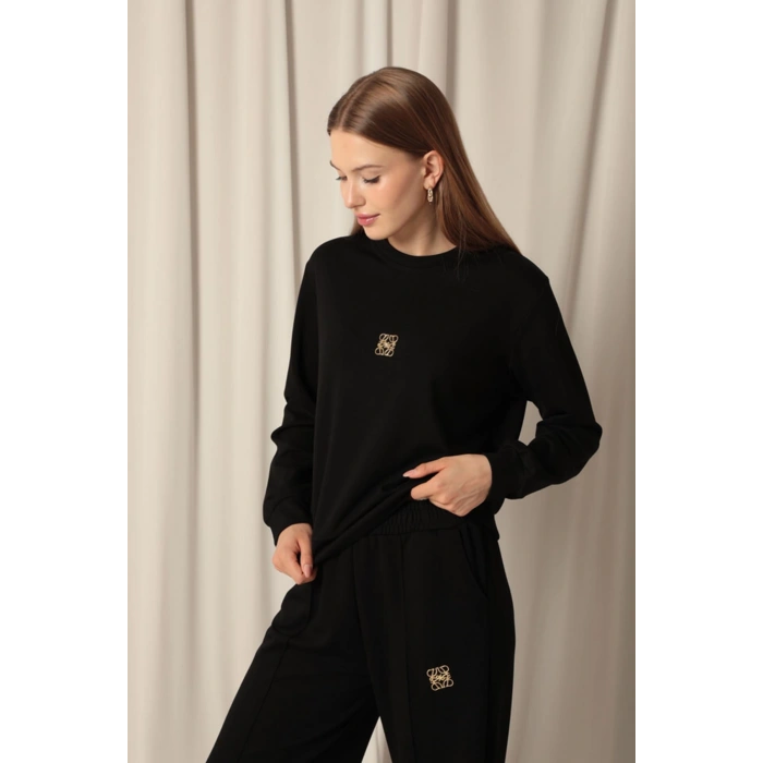 Modal Kumaş Metal Aksesuarlı Kadın Siyah Takım