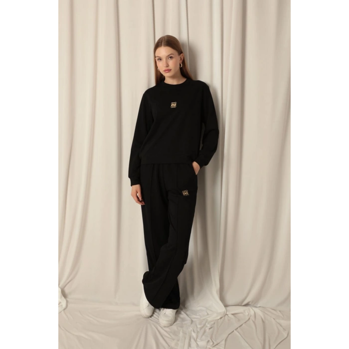 Modal Kumaş Metal Aksesuarlı Kadın Siyah Takım