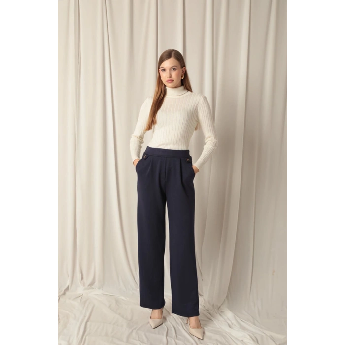 Modal Kumaş Yanları Düğmeli Kadın Lacivert Pantolon