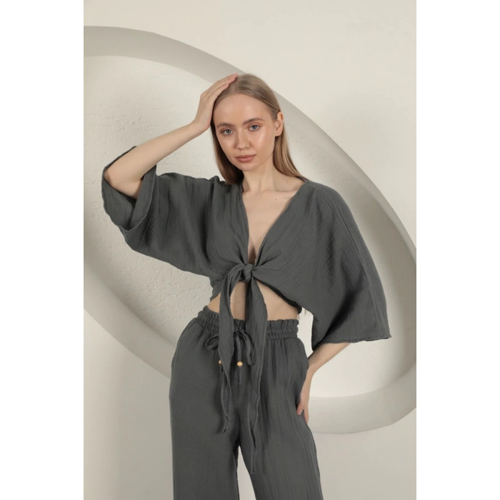 Müslin Kumaş Kimono-Antrasit