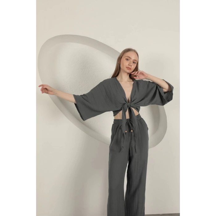 Müslin Kumaş Kimono-Antrasit